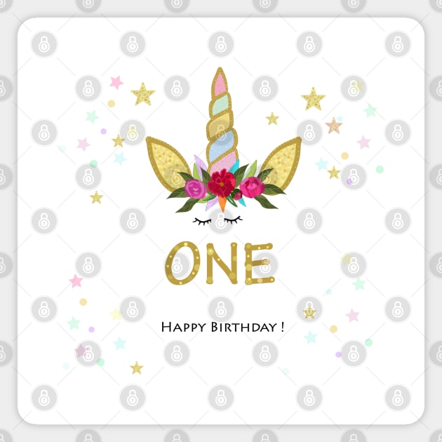 First birthday. One. Unicorn Birthday invitation. Party invitation greeting card Sticker by GULSENGUNEL